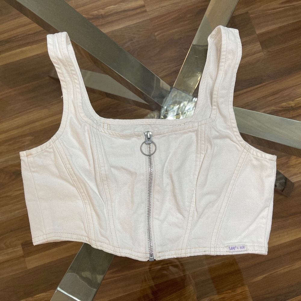 Lee x H&M, White Denim Corset Crop Top, Zip, M